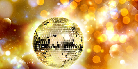 Fototapeta na wymiar Shiny disco ball under golden lights, banner design. Bokeh effect