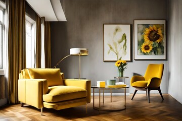 A sunflower yellow armchair paired with a contemporary glass side table.