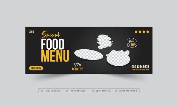 Food menu social media facebook cover design, business advertising cover banner template