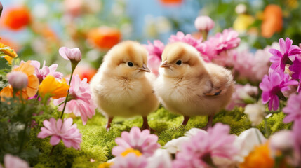 two easter chicks surrounded by the spring flowers in the garden - Powered by Adobe