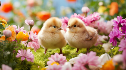 two easter chicks surrounded by the spring flowers in the garden