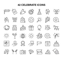 A collection of 42 unique celebration-themed vector icons, capturing the essence of the holidays. Perfect for event invitations, greeting cards and holiday graphics. Flat vector illustration.