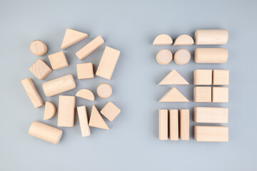 Many different geometric wooden toys in confused positions on the left, rearranged into the same...