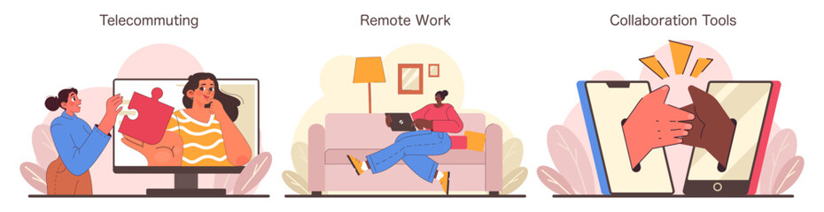 Digital Teamworks set. Seamless telecommuting, cozy remote work setup, effective collaboration tools. Expressing connectivity and productivity in modern employment. Flat vector illustration