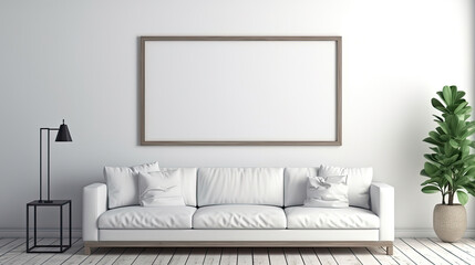 Blank white horizontal large frame mockup in luxury Contemporary Minimalist interior style with sofa, plant and table created with Generative AI technology