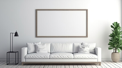 Blank white horizontal large frame mockup in luxury Contemporary Minimalist interior style with sofa, plant and table