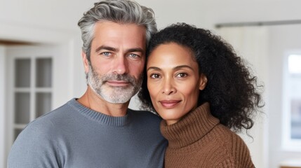 Obraz premium Timeless love on display as a 50-year-old European couple embraces in their home.