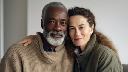 Fototapeta premium A domestic scene unfolds as a mature couple embraces, radiating happiness.