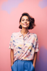 Happy girl on a pastel pink background,colorful,pastel colors,fashion editorial.