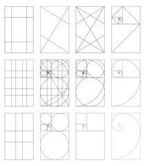 Golden ratio icon set. Method golden section. Fibonacci array, numbers. Harmony proportions. Vector template. Eps.