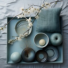 Beautiful winter-spring still life in cold blue tones: a beautiful vase, flowers, dried flowers and branches, textiles, candles and other decorative elements, snow, frost, thaw. Aesthetics, minimalism