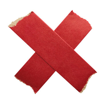 Adhesive red paper X shaped tape cut out on transparent background