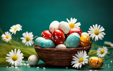 Obraz na płótnie Canvas Colorful Easter eggs with polka dots and stripes in a wicker basket nestled in green grass with spring daisies on a green background