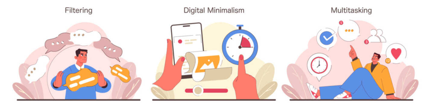 Information Overload set. Navigating through excessive data, adopting digital simplicity, and juggling tasks efficiently. Expresses modern workflow challenges. Flat vector illustration