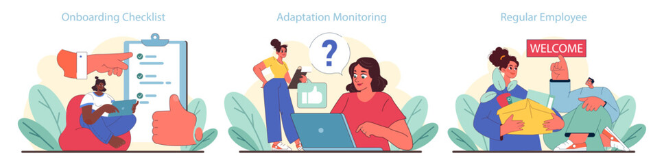 Workplace orientation set. Employee's first day with an office guide and thumbs-up for company policies. Flat vector illustration.