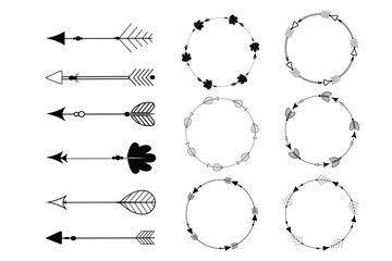 Set tribal ethnic arrow dividers, native indian bow boho an frames in doodle style isolated on white background. Collection borders, decoration elements © Alyona