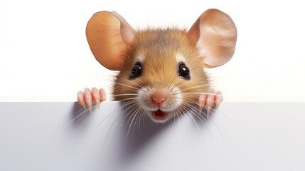cute hamster mice animal head with cute big eyes, and light brown fur sticking out its hands between white walls on a white background created with Generative AI technology - obrazy, fototapety, plakaty