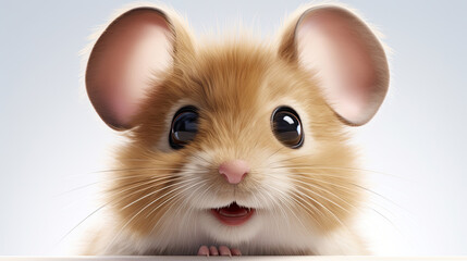 Obraz premium cute hamster mice animal head with cute big eyes, and light brown fur sticking out its hands between white walls on a white background 