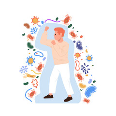 Man cartoon character boxing punching fighting against infectious virus and bacteria microorganism