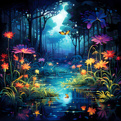 an ephemeral symphony featuring the neon glow of lights, abstract fireflies, jungle elements, and watercolor-inspired strokes