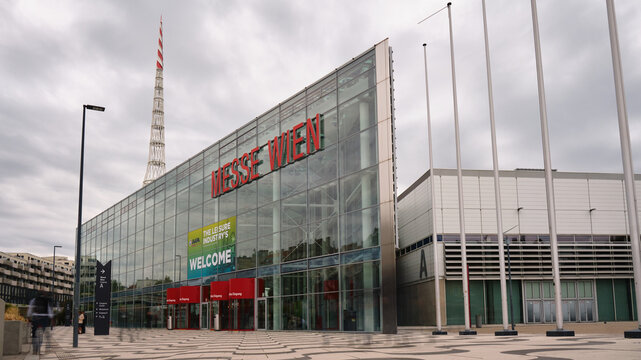 Messe Wien Exhibition Congress Center, glass building exterior. Vienna, Austria - September 25, 2023.