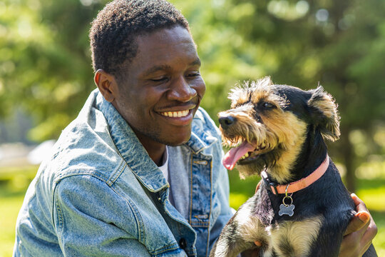 latin american man walking with his cute dog at sunny day in city park lawn on the grass