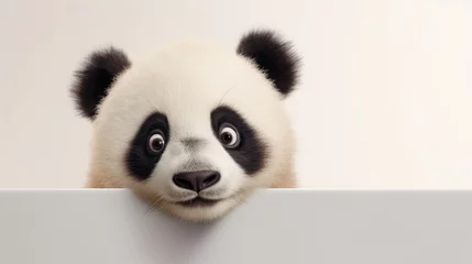 Tuinposter panda animal head with cute big eyes, and black and white fur sticking out its hands between white walls on a white background created with Generative AI technology © AstraNova
