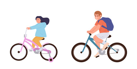 Naklejka premium Happy excited girl and boy children cartoon characters riding bicycle isolated on white background