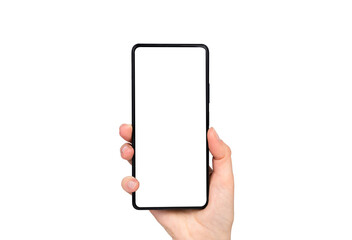 Woman's hand with a smartphone isolated on a white background. Close-up.
