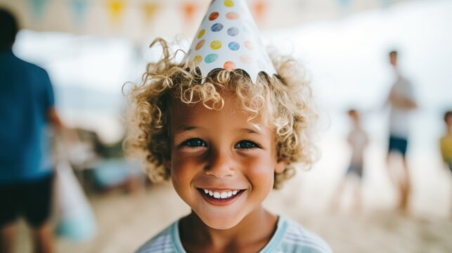The joyous pupil is all smiles at his beach birthday bash.