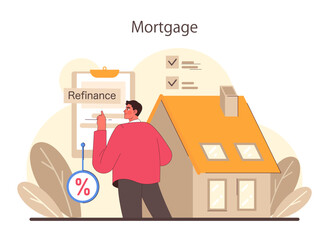 Refinance process. Loan rate reduction to lender agreements. Debt obligation with better interest rate. Housing loan, real estate mortgage. Flat vector illustration
