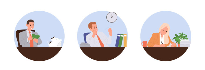 Isolated round icon composition set with happy employee office worker cartoon characters at desk - obrazy, fototapety, plakaty