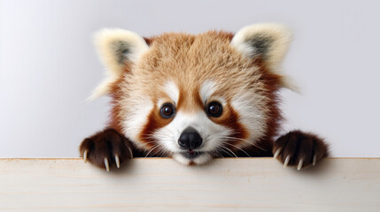 red panda animal head with cute big eyes, and light brown fur sticking out its hands between white walls on a white background created with Generative AI technology