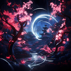Fototapeta na wymiar an ephemeral whirlwind featuring the neon glow of lights, jungle elements, abstract sakura elements with mirage-like distortions 