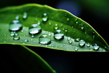 Close-up of green leaves. Dew drops on living plants. Droplets on leaves.
