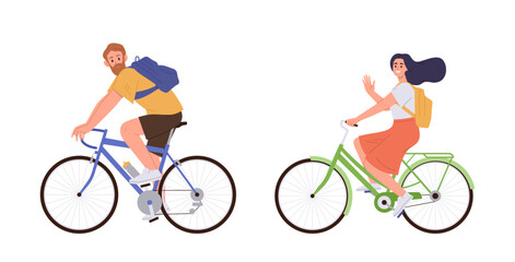 Man and woman people cartoon characters riding bicycle enjoying healthy sport activities outdoors
