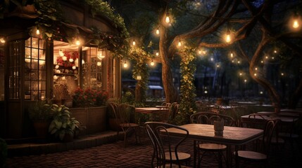 A cozy cafe nestled in a quaint corner, its outdoor seating area adorned with twinkling fairy lights, casting a magical ambiance - obrazy, fototapety, plakaty