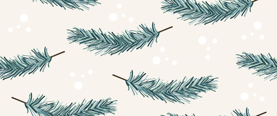 Vector seamless background. Minimalistic pattern. Modern print of pine branches and snowflakes on a gray background. Ideal for textile design, screensavers, covers, cards, invitations and posters.