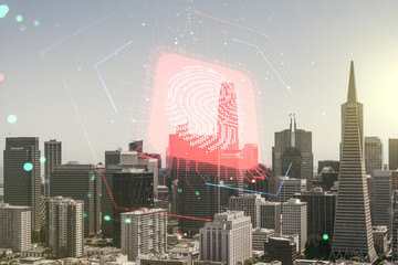 Multi exposure of virtual creative fingerprint hologram on San Francisco skyscrapers background, personal biometric data concept