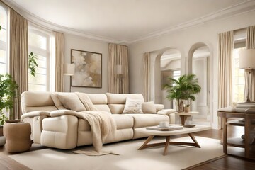 Fototapeta na wymiar A serene living room boasting a cream-colored recliner positioned to capture the essence of natural light, offering a peaceful retreat within a stylish interior.