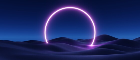 3d render, abstract background, cosmic landscape, round portal, pink blue neon light, virtual reality, energy source, glowing round frame, clean cky with ultraviolet spectrum laser ring, rocks, ground