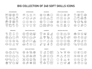 Soft Skills big icons set. Enhance essential interpersonal abilities with icons of critical thinking, leadership, and more. Cultivate professional excellence and personal growth. vector illustration.
