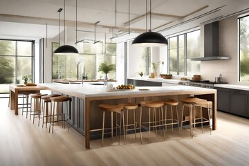 A kitchen with a double-sided island, allowing for food prep on one side and a breakfast bar on the other.