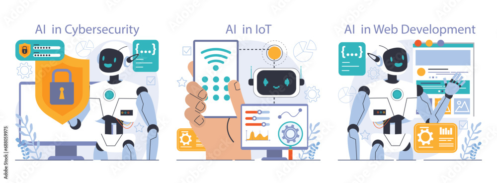 Poster ai integration set. artificial intelligence and human synergy. neural network assistance and robotiz