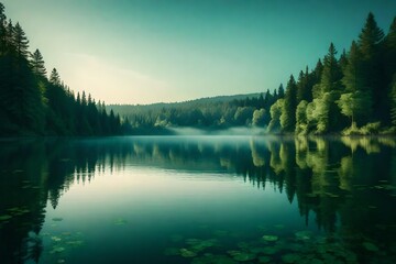 Obraz premium A serene, pastel-colored sky reflected in the calm waters of a tranquil lake surrounded by lush, green forests.