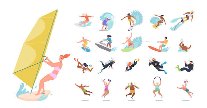 Man woman cartoon characters set enjoying water extreme sports activities and fun hobby recreation