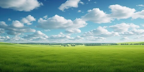 Obraz premium Rolling green hills. Vibrant summer landscape under clear blue sky. Sunny pastures. Picturesque meadow bathed in sunlight. Countryside bliss. Serene rural scene with lush greenery