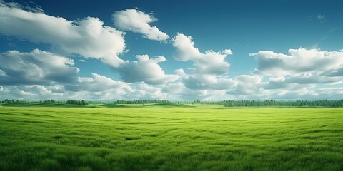 Fototapeta premium Rolling green hills. Vibrant summer landscape under clear blue sky. Sunny pastures. Picturesque meadow bathed in sunlight. Countryside bliss. Serene rural scene with lush greenery