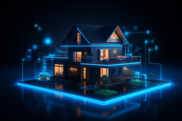 A blueprint-style visualization of a smart home, complete with detailed technology points and a luxury vehicle, all bathed in a cool blue glow