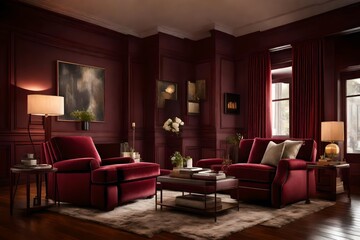 Fototapeta premium A plush maroon recliner highlighted by warm ambient lighting.